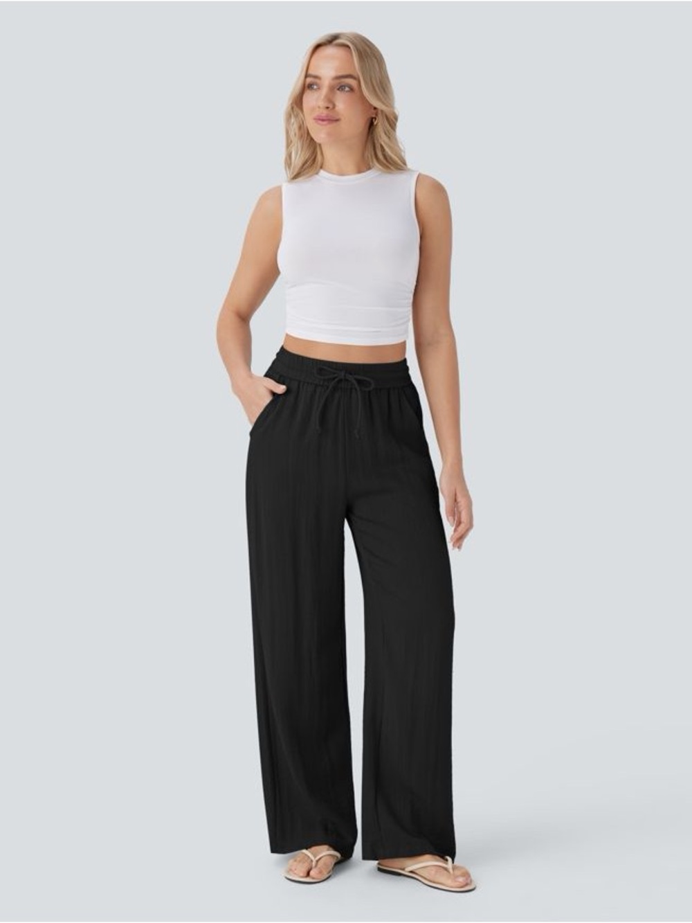 High Waisted Drawstring Pocket Wide Leg Baggy Casual Linen-Feel Pants
